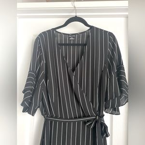 City Chic, black dress w/white stripe, faux wrap, ruffle sleeve & hem, size 18